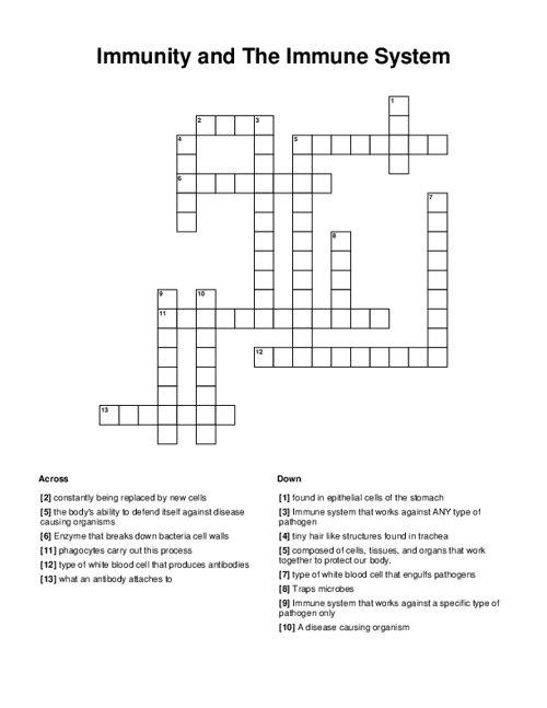 Immunity and The Immune System Crossword Puzzle
