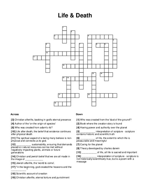 Life & Death Crossword Puzzle
