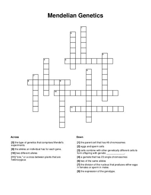 Mendelian Genetics Crossword Puzzle