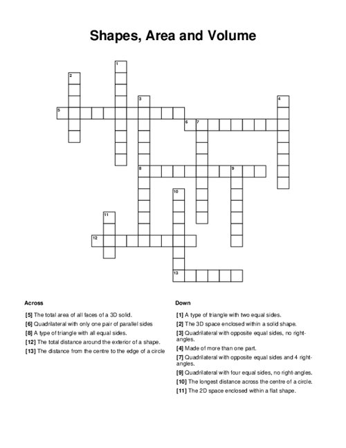Shapes, Area and Volume Crossword Puzzle