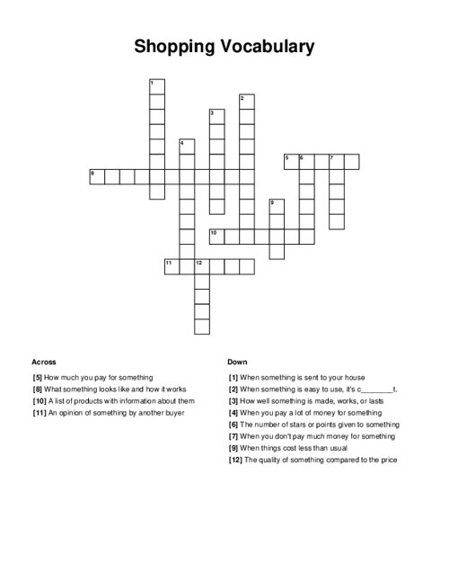 Shopping Vocabulary Crossword Puzzle