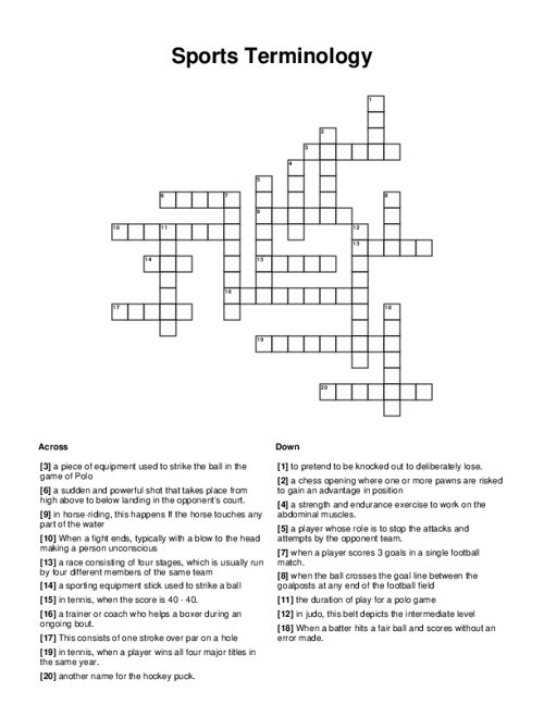 Sports Terminology Crossword Puzzle