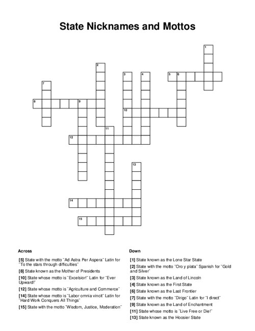 State Nicknames and Mottos Crossword Puzzle
