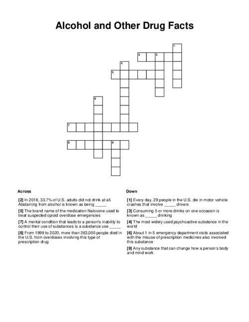 Alcohol and Other Drug Facts Crossword Puzzle