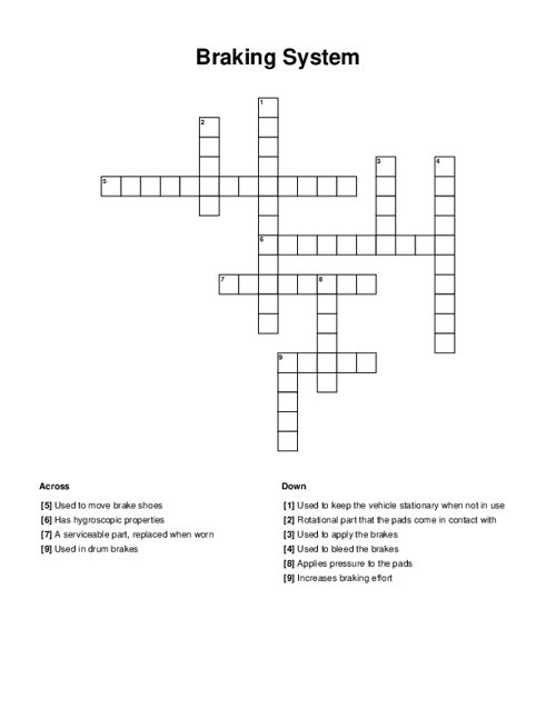 Braking System Crossword Puzzle
