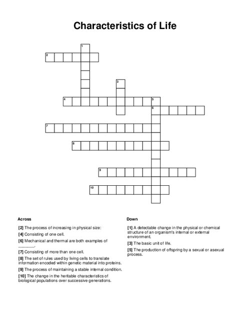 Characteristics of Life Crossword Puzzle