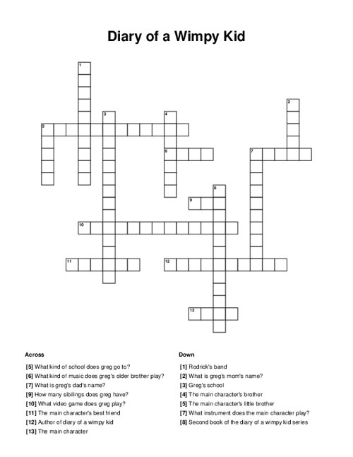 Diary of a Wimpy Kid Crossword Puzzle