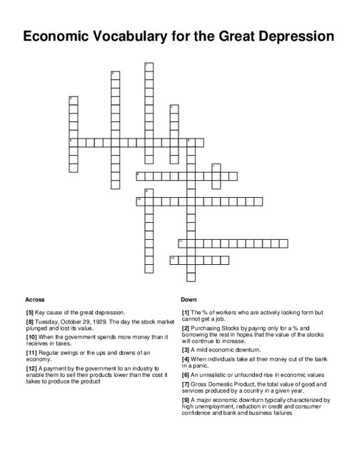 Economic Vocabulary for the Great Depression Crossword Puzzle