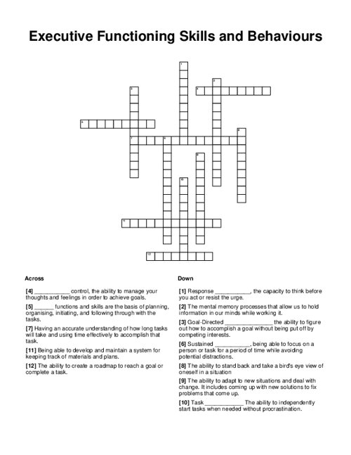 Executive Functioning Skills and Behaviours Crossword Puzzle