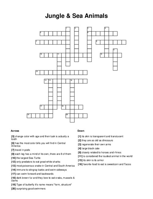Jungle & Sea Animals Crossword Puzzle