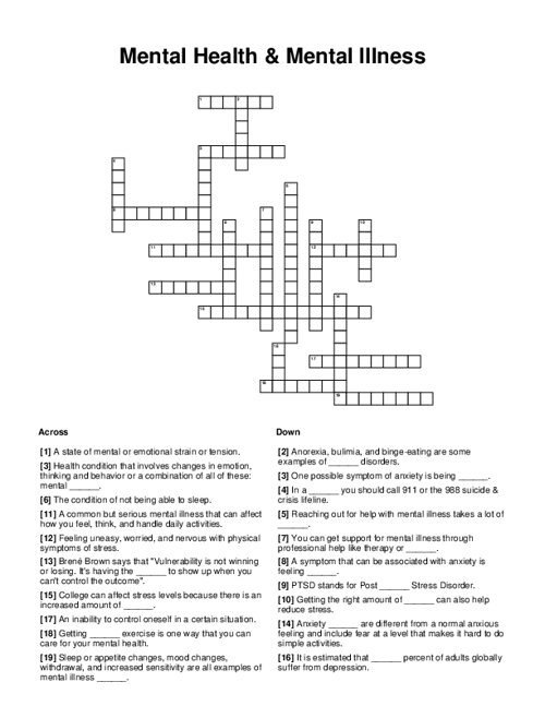 Mental Health Mental Illness Crossword Puzzle