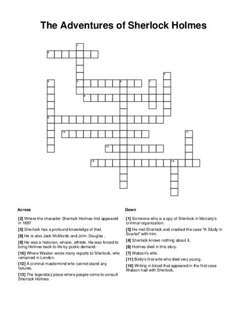 The Adventures of Sherlock Holmes Crossword Puzzle