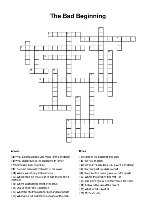 The Bad Beginning Crossword Puzzle