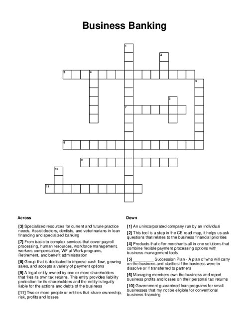 Business Banking Crossword Puzzle