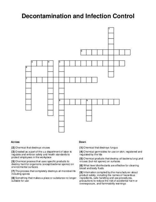 Decontamination and Infection Control Crossword Puzzle