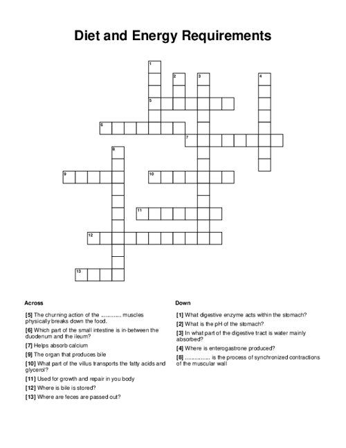 Diet and Energy Requirements Crossword Puzzle