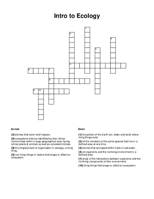 Intro to Ecology Crossword Puzzle