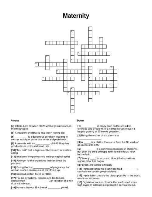 Maternity Crossword Puzzle