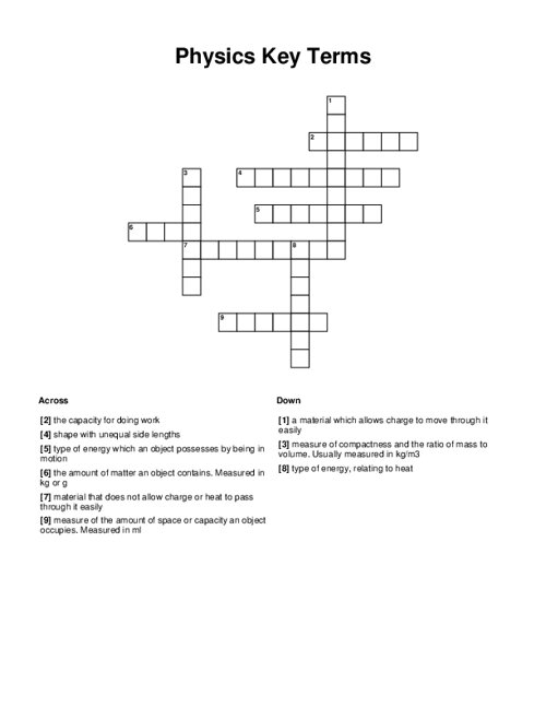 Physics Key Terms Crossword Puzzle