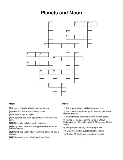 Planets and Moon Crossword Puzzle