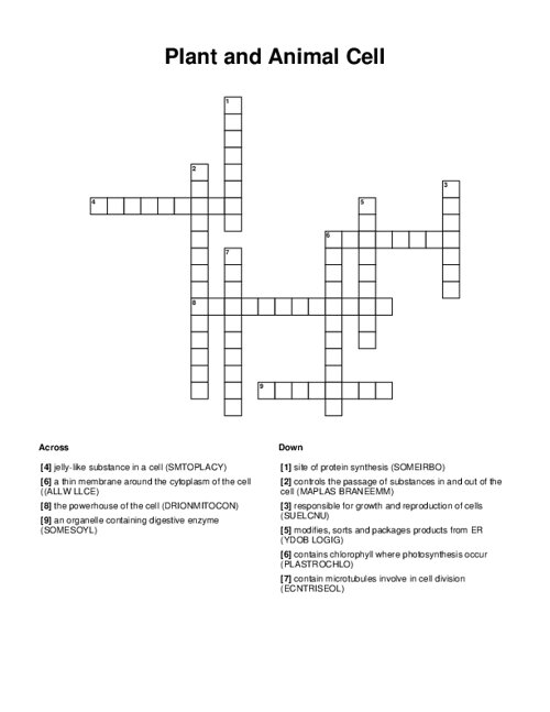 Plant and Animal Cell Crossword Puzzle