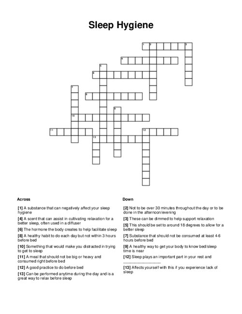 Sleep Hygiene Crossword Puzzle