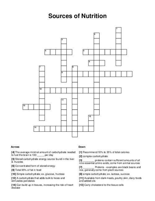 Sources of Nutrition Crossword Puzzle