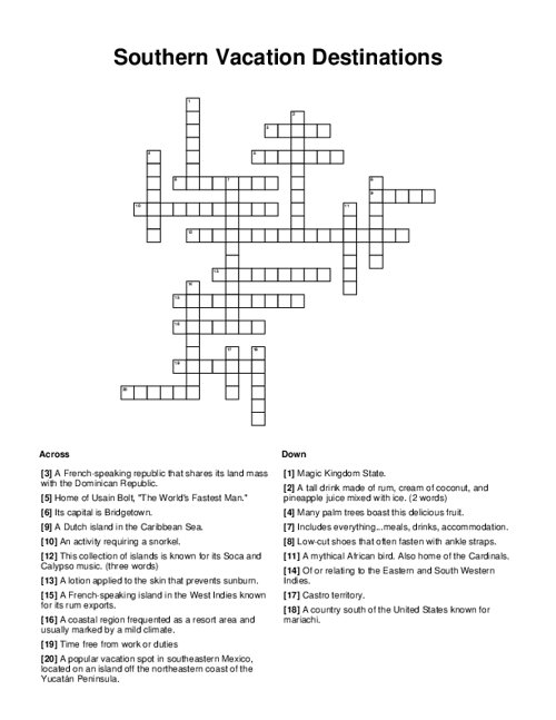 Southern Vacation Destinations Crossword Puzzle