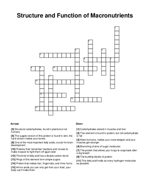 Structure and Function of Macronutrients Crossword Puzzle