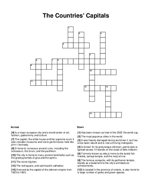 The Countries' Capitals Crossword Puzzle