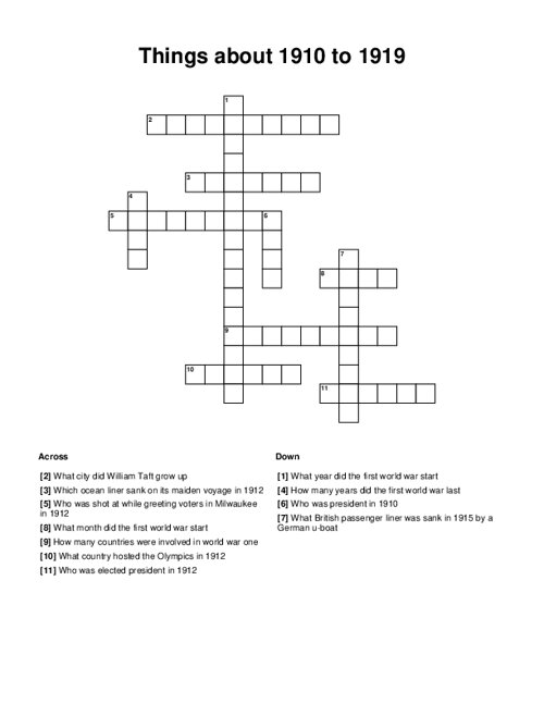 Things about 1910 to 1919 Crossword Puzzle