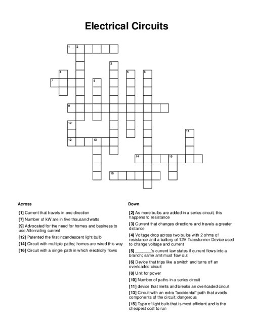 Electrical Circuits Crossword Puzzle