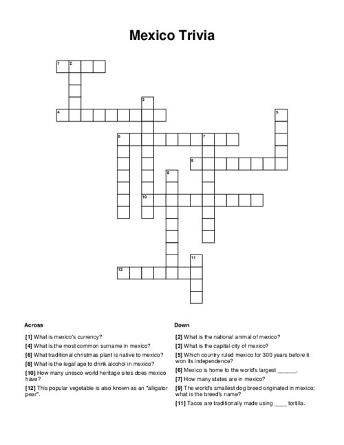 Mexico Trivia Crossword Puzzle