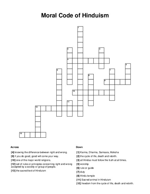 Moral Code of Hinduism Crossword Puzzle