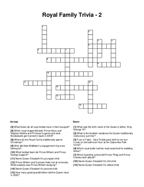 Royal Family Trivia - 2 Crossword Puzzle