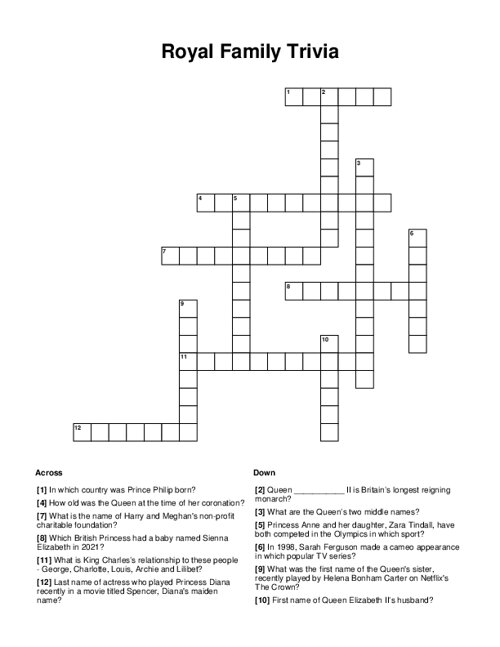 Royal Family Trivia Crossword Puzzle