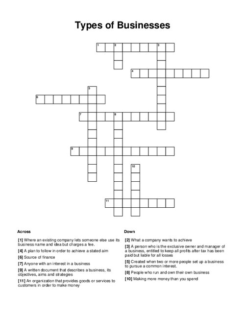Types of Businesses Crossword Puzzle