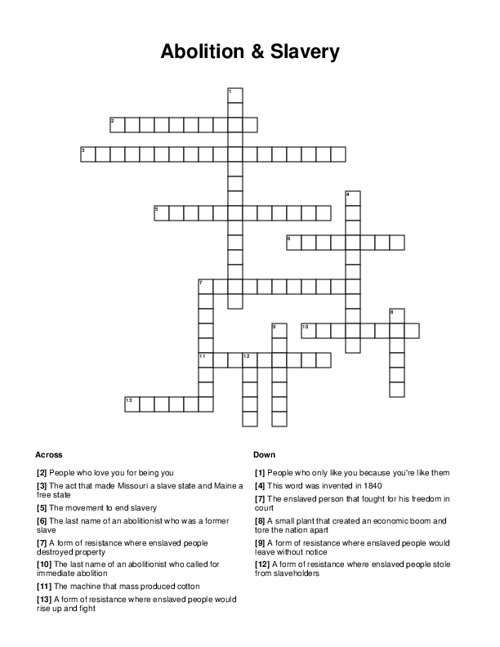 Abolition & Slavery Crossword Puzzle