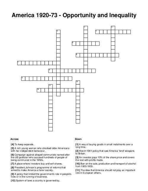 America 1920-73 - Opportunity and Inequality Crossword Puzzle