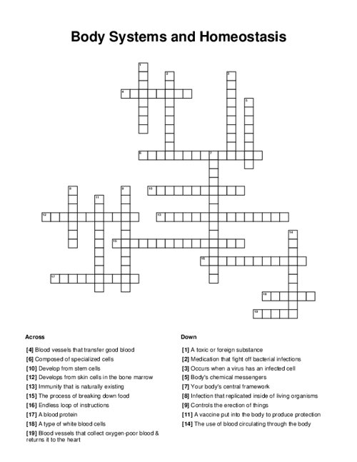 Body Systems and Homeostasis Crossword Puzzle