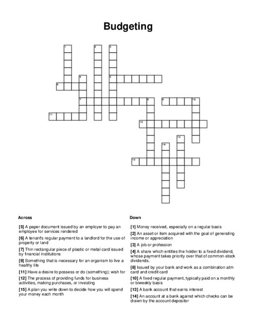 Budgeting Crossword Puzzle