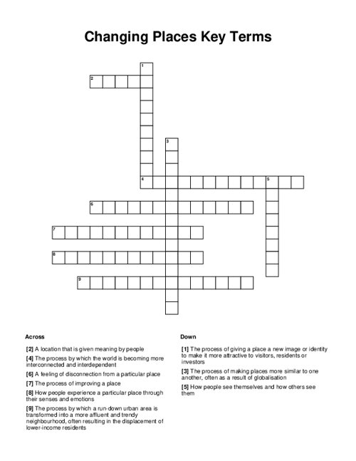 Changing Places Key Terms Crossword Puzzle