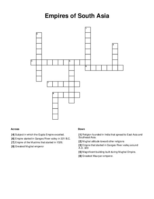 Empires of South Asia Crossword Puzzle