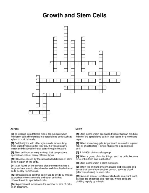 Growth and Stem Cells Crossword Puzzle