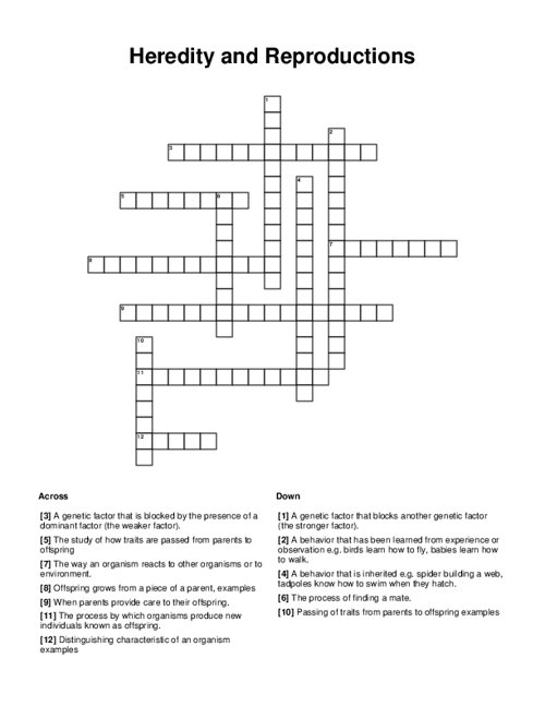 Heredity and Reproductions Crossword Puzzle