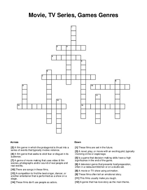 Movie, TV Series, Games Genres Crossword Puzzle