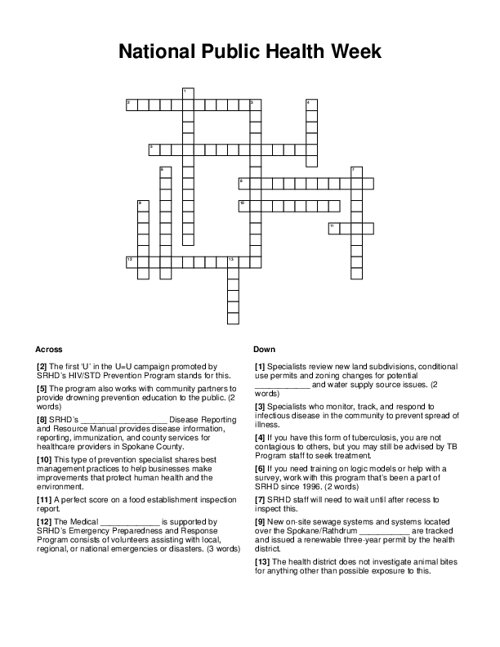 National Public Health Week Crossword Puzzle