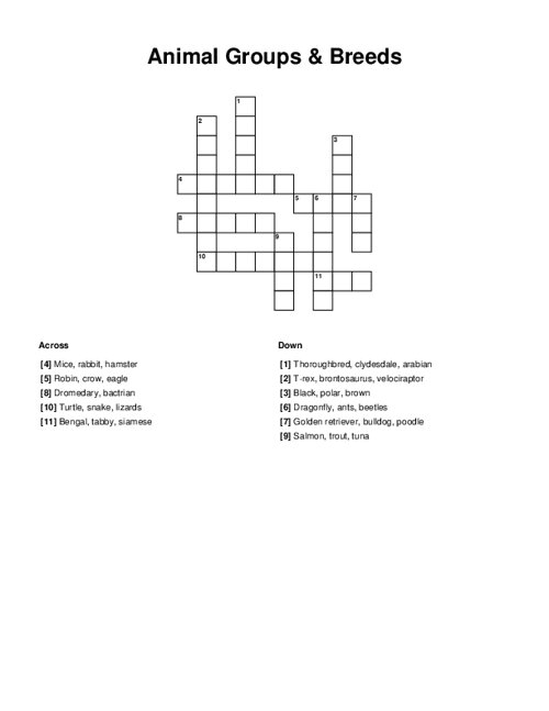 Animal Groups Breeds Crossword Puzzle