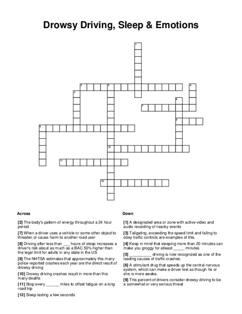 Drowsy Driving, Sleep & Emotions Crossword Puzzle