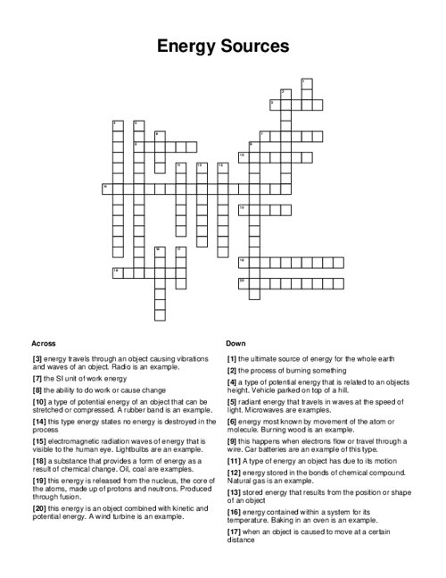 Energy Sources Crossword Puzzle